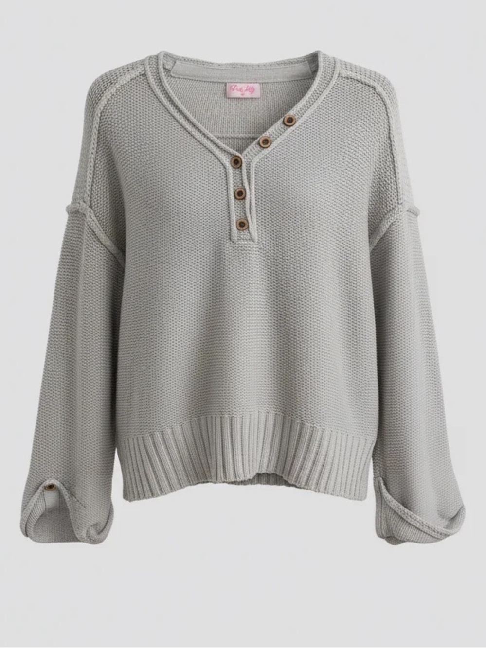 New Pink Lily Cozy Gray Knit Henley Rolled Sleeve Pullover Sweater 100% Cotton